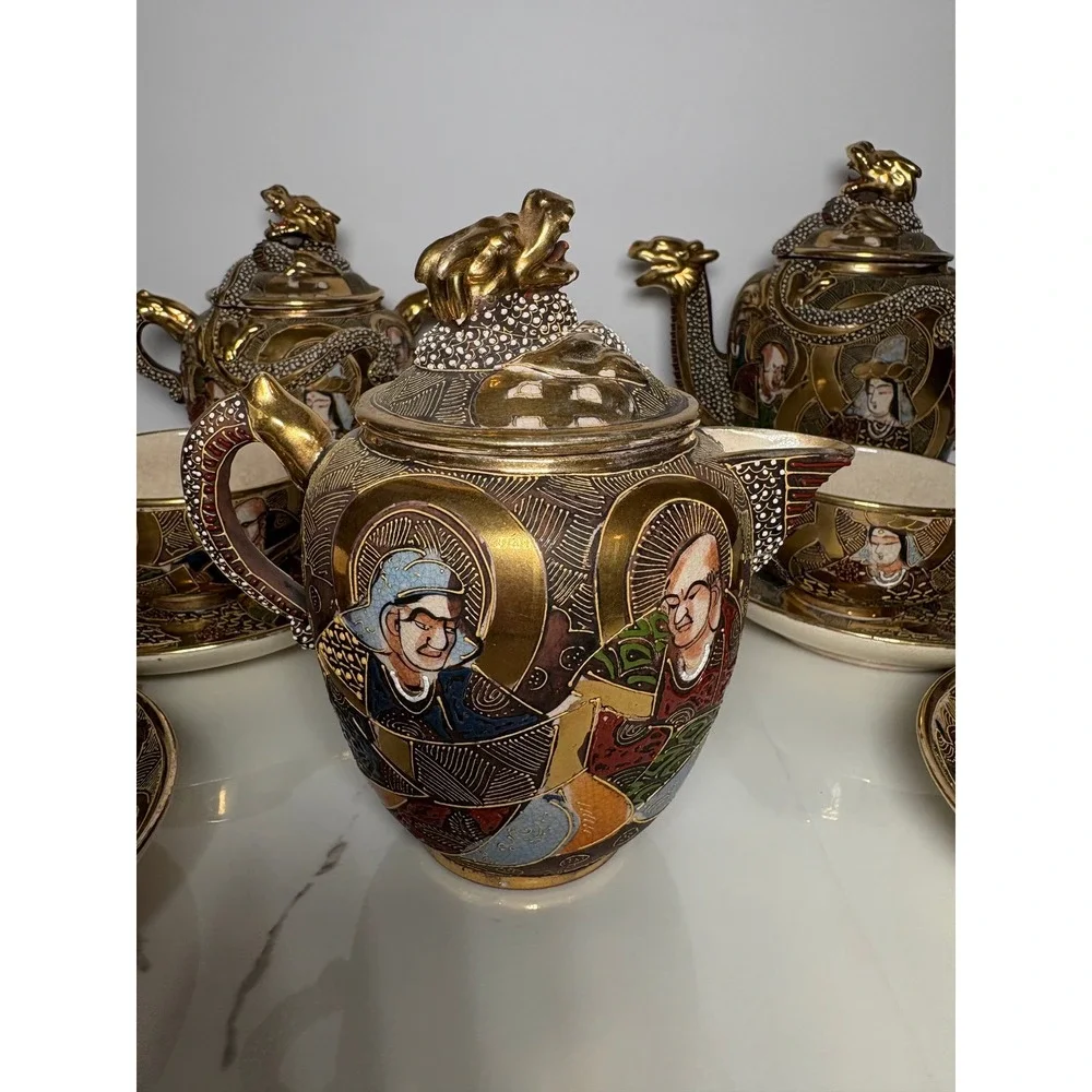Vintage Japanese Satsuma Moriage‎ Dragon Tea Set Hand Painted Gold Gilt 11pc
